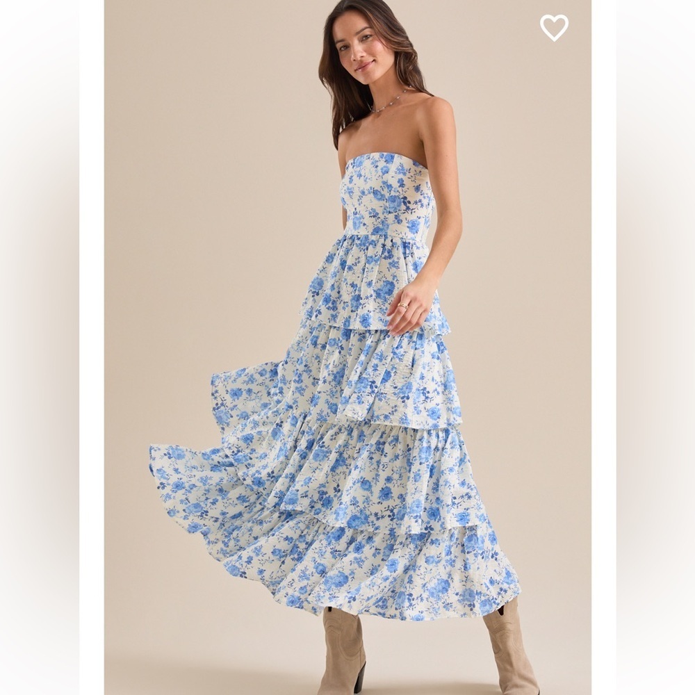 Altar'd State Blue and White Floral Strapless Tiered Maxi Dress
